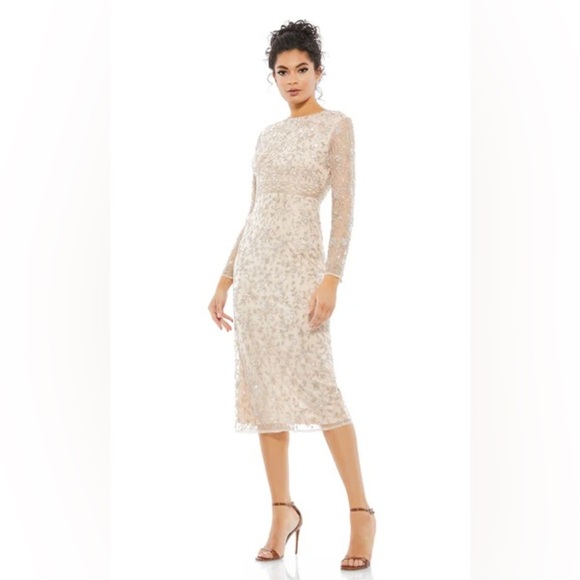 Mac Duggal Beige Beaded Tea Length Dress w/ Sheer Sleeves - Picture 4 of 14